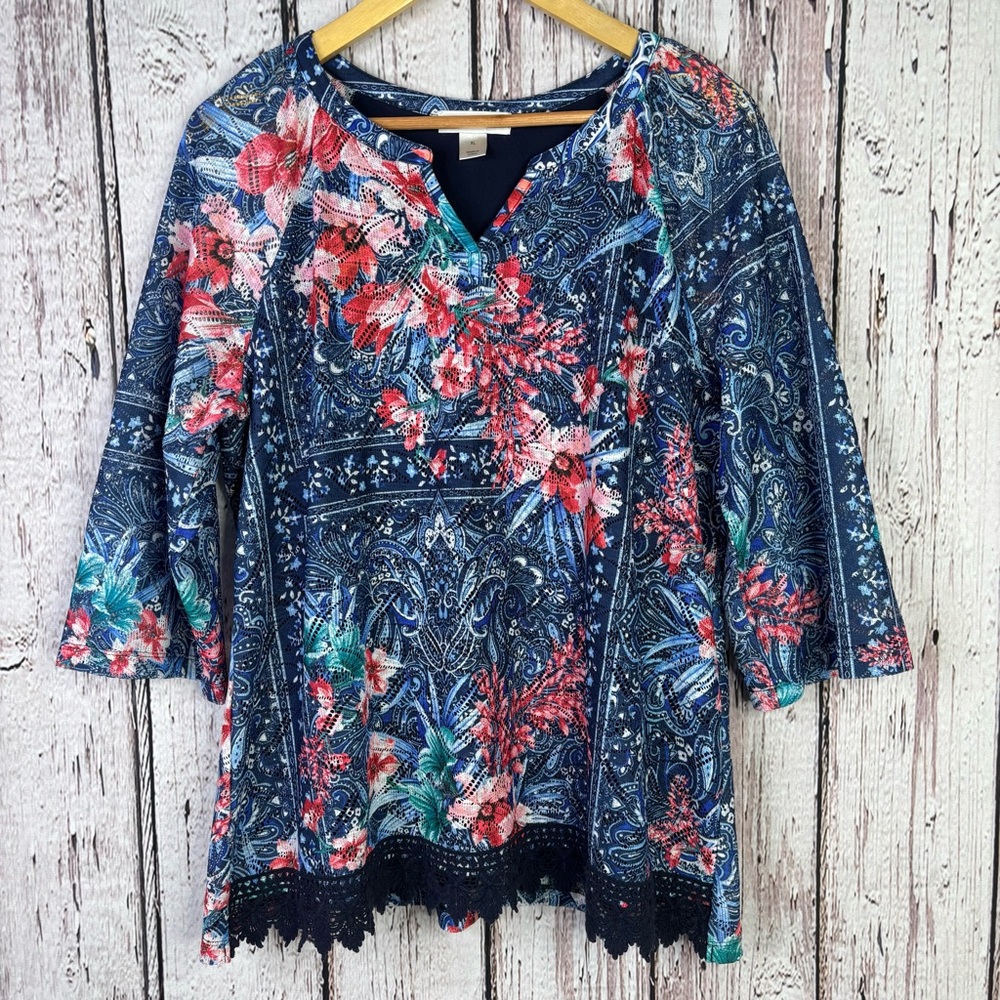Christopher‎ & Banks Sz XL Blue Coral Floral Print Tunic Blouse Lined 3/4 Sleeve